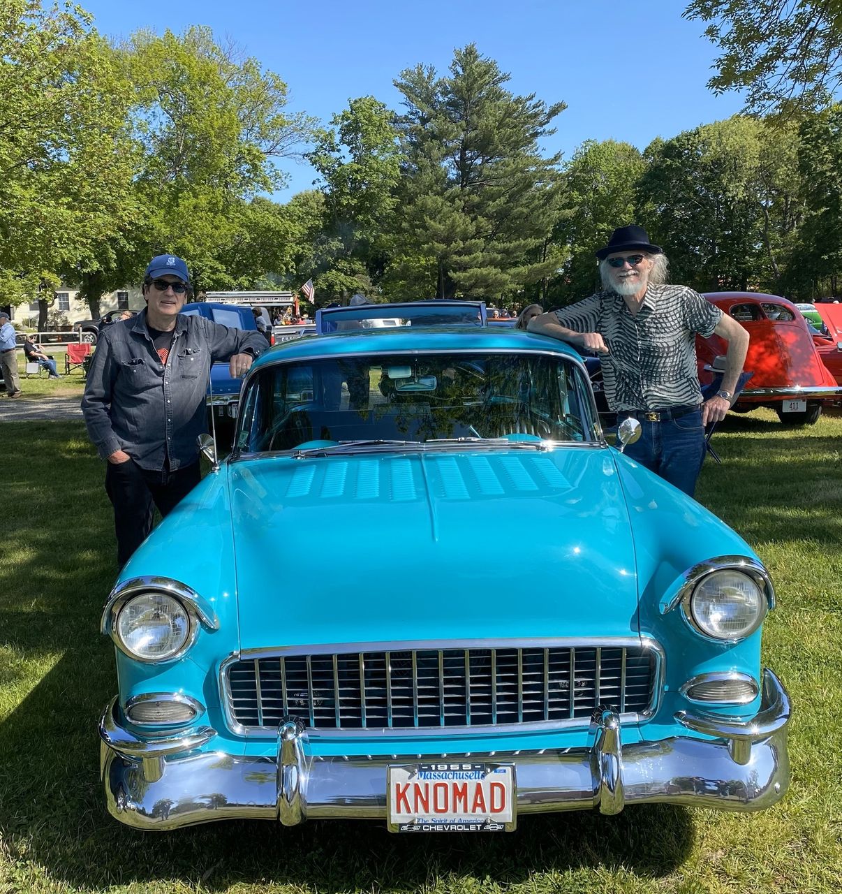 Deep Blue Blues Band members with a turquoise 1955 Chevy at a Todd Farm car show